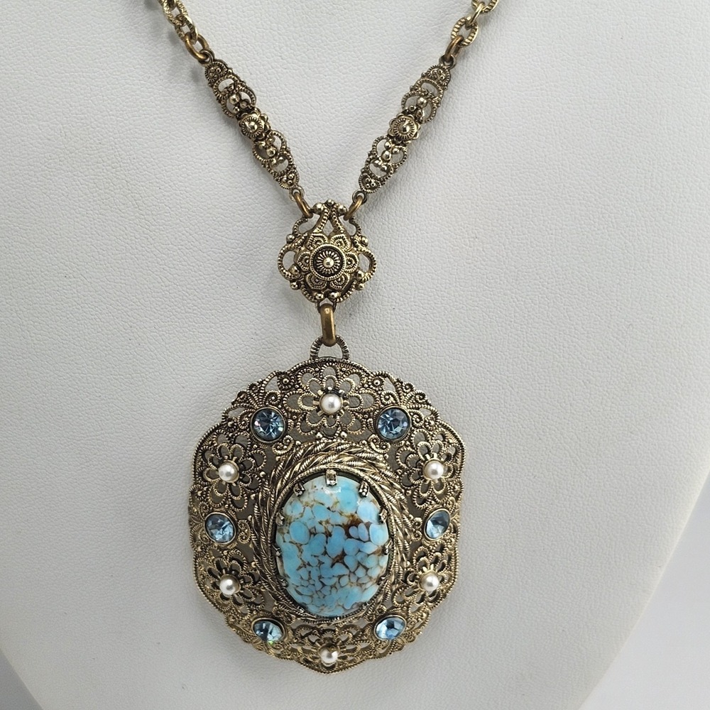 Vintage West Germany Turquoise Blue Cabochon Faux Pearl Blue Rhinestones Gold...